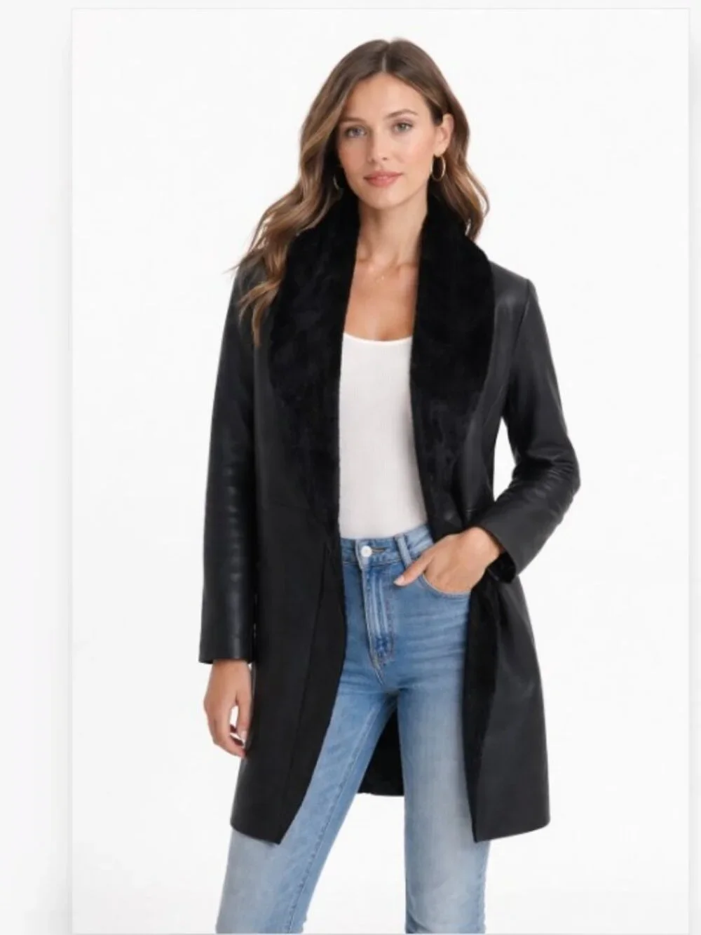 Victor Alfaro Collective Women’s S Black Vegan Leather Faux Fur Open Front Coat - Picture 16 of 16